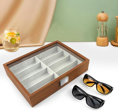 Homeanda Wooden Eyeglasses Case 8 Grids Sun Glasses Holder Eyewear Organizer Glasses Case Tray Glasses Display Showcase Organizer with Cover Christmas Gift for Men and Women
