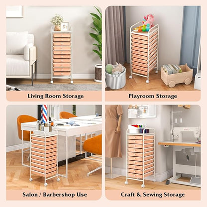 MAT EXPERT 10 Drawer Rolling Storage Cart, Multipurpose Utility Cart w/Plastic Drawers & Universal Casters, 10 Tier Mobile Storage Organizer Cart for Office Home Classroom Beauty Salon