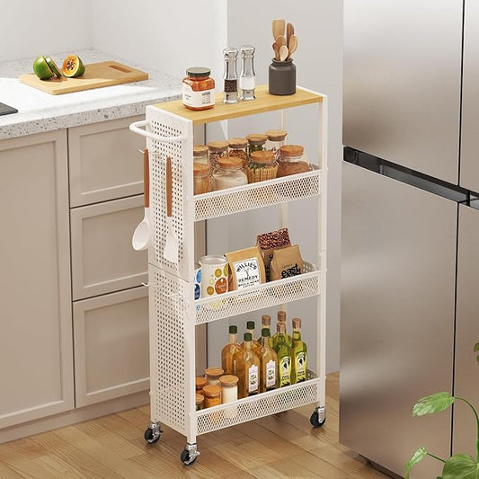Utility Slim Storage Cart 4 Tier Small Rolling Kitchen Laundry Room Organization Cart with Wood Top Metal Narrow Bathroom Cart Cabinet Narrow Storage Cabinet Trolley with Handle for Small Space