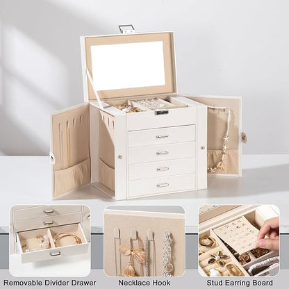 Frebeauty 5-layer Jewelry Box,Faux Leather Jewelry Organizer with 4 Drawers,Jewelry Organizers and Storage with Mirror,Jewelry Holder Organizer for Necklace,Jewerly Boxes for Women Girls(White)