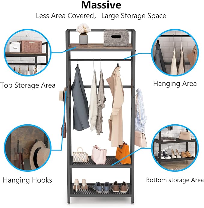 Tribesigns 69-inch Tall Clothes Garment Rack, Small Heavy Duty Clothes Hanging Rack, Freestanding Closet Organizer with Open Storage Shelves and Hooks for Bedroom, Brown & Black