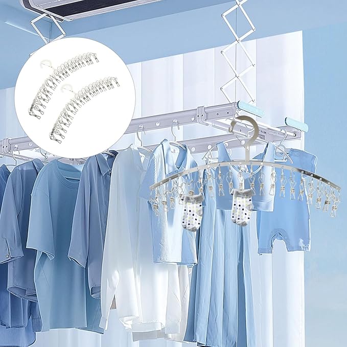 PRETYZOOM 2 Pack Laundry Drying Rack with 20 Clips, Stainless Steel Clothes Hanger, Windproof Drying Rack for Socks, Underwear, Scarves, Diapers