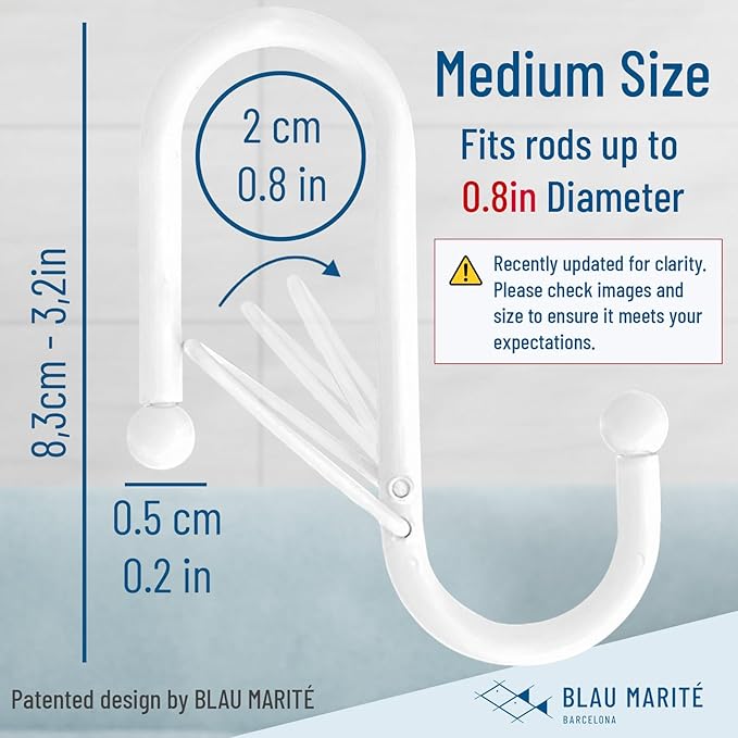 Blau Marité 10-Pack Metal S Hooks for Hanging – Heavy-Duty S-Shaped Hooks with Safety Buckle – Fits Bars up to 0.8 in – Anti-Drop S-Hooks for Kitchen, Bathroom, Closet & Pot Racks – White (Medium)
