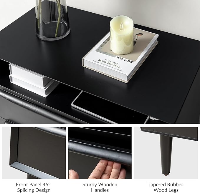 HULALA HOME End Table with Charging Station, Mid-Century Modern 2 Drawer and Open Shelf, Fluted End Table（Black）