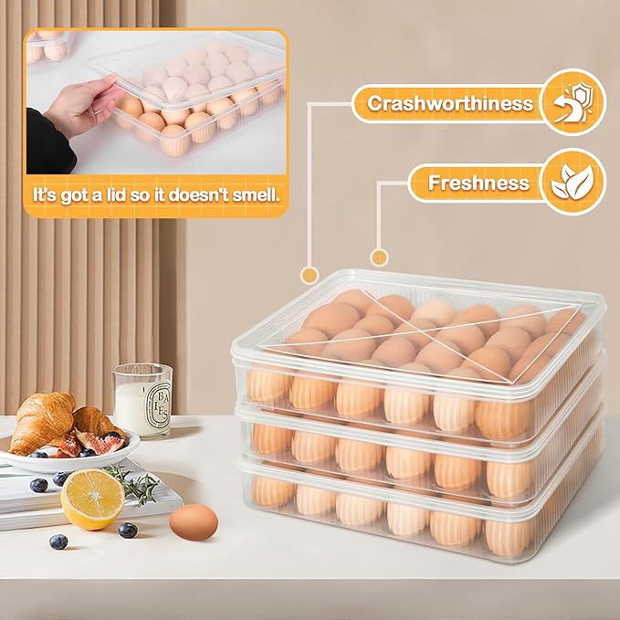 LIYYOO Deviled Egg Containers With Lid, Egg Holder For Fridge,Egg Organizer for Refrigerator,Clear Stackable Plastic Egg Carton,Egg Storage Container,Reusable Egg Tray Egg Box(3 Packs, 72 Eggs)