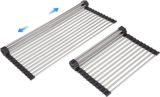 ARAINY Large Telescopic Drain Rack Roll Up Rack Heat-Resistant Dish Drainer Kitchen Sink Rack Over The Sink Dish Drying Rack Stainless Steel Dish Rack (18 Tube 21.25''x12.79'')
