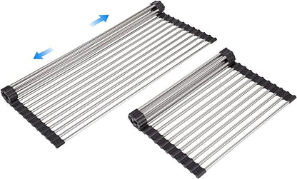 ARAINY Large Telescopic Drain Rack Roll Up Rack Heat-Resistant Dish Drainer Kitchen Sink Rack Over The Sink Dish Drying Rack Stainless Steel Dish Rack (18 Tube 21.25''x12.79'')