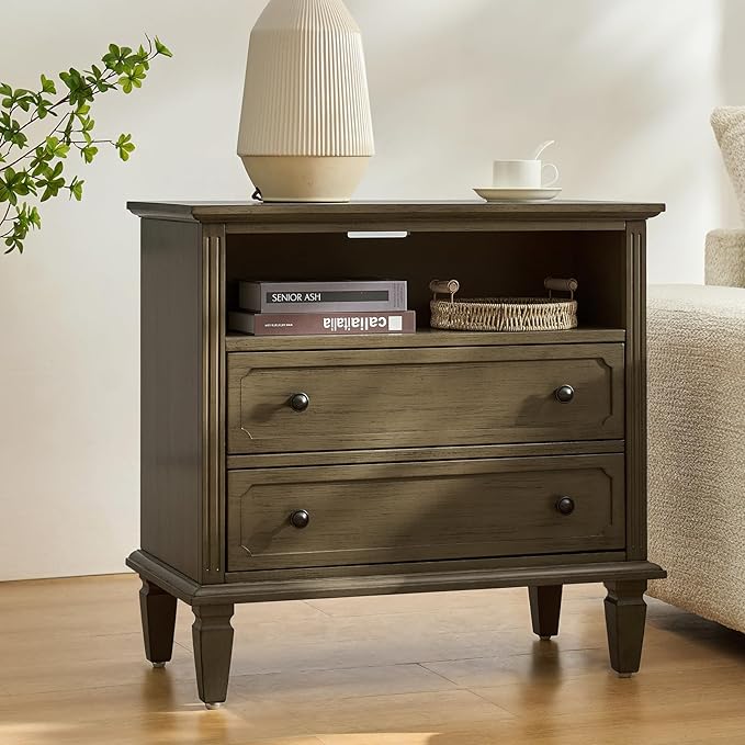 HULALA HOME Farmhouse End Table with Charging Station, End Table with USB Ports & Outlets, Fluted Pilasters Design Side Table with Open Space and 2 Drawers Dresser for Living Room, KONA