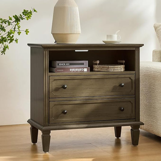 HULALA HOME Farmhouse End Table with Charging Station, End Table with USB Ports & Outlets, Fluted Pilasters Design Side Table with Open Space and 2 Drawers Dresser for Living Room, KONA
