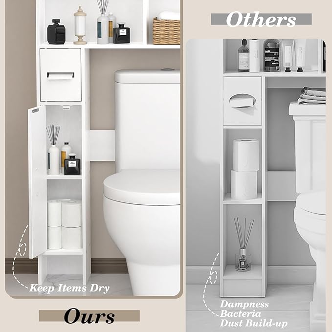OGEMXU Over The Toilet Storage Cabinet, Behind Toilet Bathroom Organizer with Transparent Doors, Home Space-Saving Above Toilet Shelf Rack, for Bathroom, Restroom, Laundry (White)