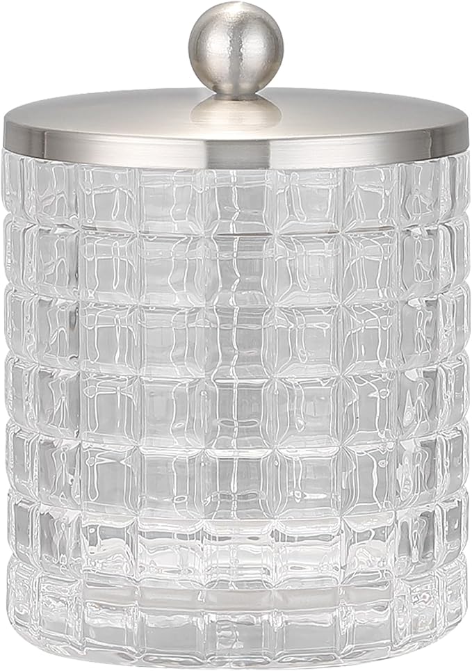 Indecor Home Clear transparent Apothecary Etched Geometric Grid Glass Jar W/Satin Nickel Metal Lid Cover for Bathroom Organization, Cotton Balls, Q Tips, and Small Accessories, Bathroom Storage