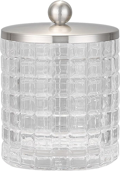 Indecor Home Clear transparent Apothecary Etched Geometric Grid Glass Jar W/Satin Nickel Metal Lid Cover for Bathroom Organization, Cotton Balls, Q Tips, and Small Accessories, Bathroom Storage