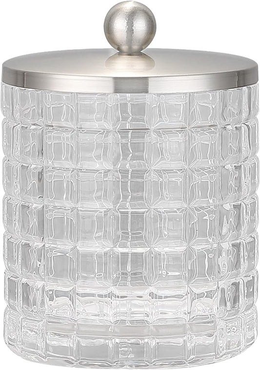 Indecor Home Clear transparent Apothecary Etched Geometric Grid Glass Jar W/Satin Nickel Metal Lid Cover for Bathroom Organization, Cotton Balls, Q Tips, and Small Accessories, Bathroom Storage