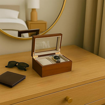 Bey-Berk Personalized Marquess 2-Slot Watch Box, Custom Glass-Top Solid Wood Watch Display Case with Velour-Lined Cushions, 6" x 4.5" x 3.25"