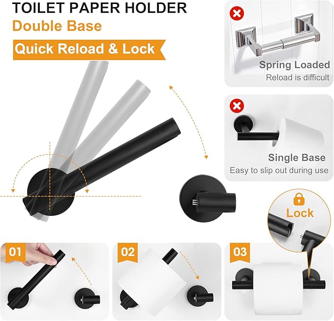 CozyTower Matte Black Quick Reload Toilet Paper Holder Wall Mount, SUS304 Stainless Steel Double Post Pivoting Tissue Roll Holder and Hand Towel Holder Set Bathroom Hardware Accessories Set Towel Ring