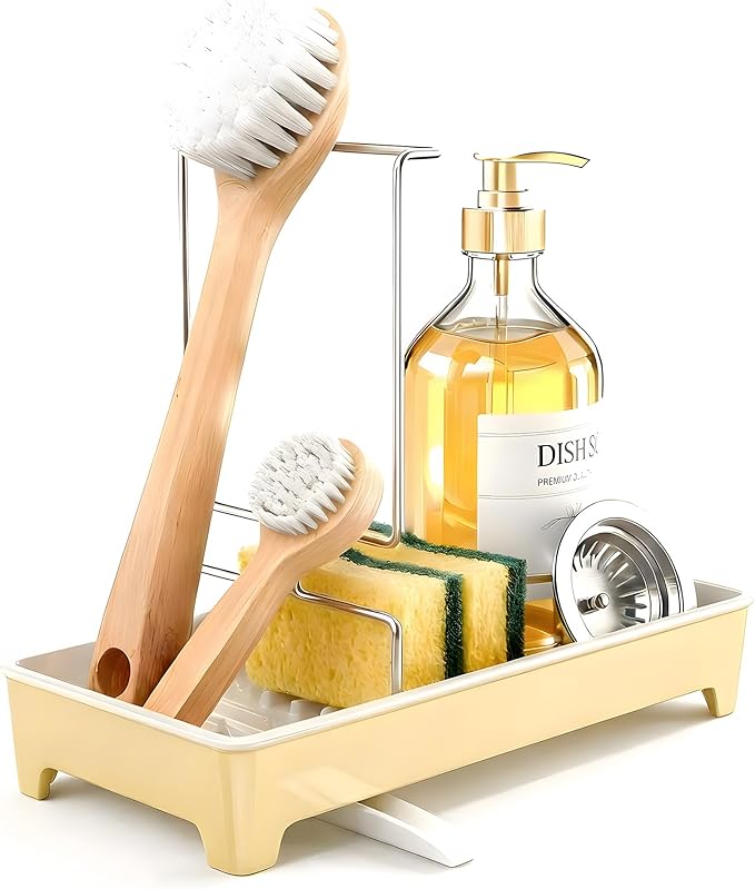 Caumic Minimalist Sink Caddy, Rustproof Sponge Holder for Kitchen Sink with 304 Stainless-Steel Brush Holder, Countertop Rack Organizer with Raised Ridges & Silicone Drain Tube (Pastel Yellow)