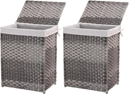 Mxfurhawa Slim Laundry Basket on Wheels, Heavy Duty Cotton Liner Laundry Storage Hamper with Handles, Collapsible Clothes Wire Basket Organizer Laundry Bag (2PCS-02A)