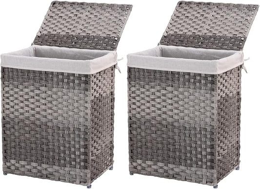Mxfurhawa Slim Laundry Basket on Wheels, Heavy Duty Cotton Liner Laundry Storage Hamper with Handles, Collapsible Clothes Wire Basket Organizer Laundry Bag (2PCS-02A)