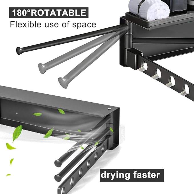 Wall Mounted Drying Rack, Aluminium Free Swinging Folding Drying Towel Rack Heavy Duty Wall Mounted Clothes Rack with 50lb Load Capacity, Foldable Space Saving Clothes Racks