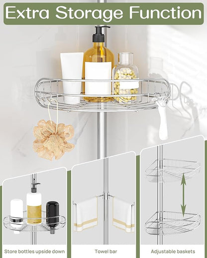ALLZONE Corner Shower Caddy Tension Pole, 4-Tier Adjustable Shelves, Rustproof Bathroom Shower Organizer Corner for Inside Shower Storage, Tension Mounted, 56 to 113 Inch Height, Sliver