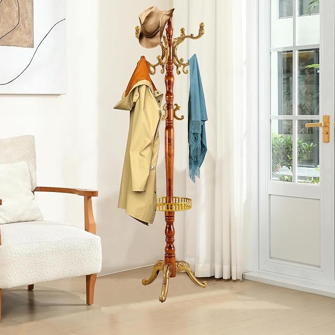 Wood Coat Rack Freestanding, Natural Coats Tree Stand with 14 Hooks, 73" Sturdy and Easy Assembly Coat Rack Stand for Entryway, Hallway, Bedroom, Bags, Hats (With storage tray-Golden)