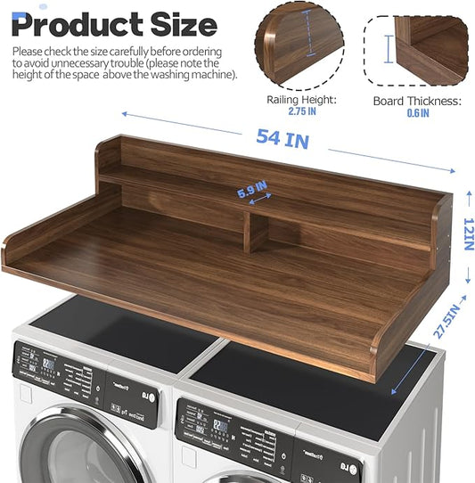 2-Tier Washer and Dryer Countertop with 2.75" H Guard,54" W x 27.5" D Laundry Countertop Cover with Non-Slip Pad,Large Space Laundry Topper for Folding Clothes Over Washer and Dryer-Dark Walnut