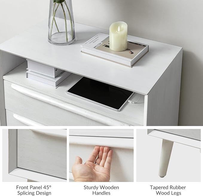 HULALA HOME End Table with Charging Station, Mid-Century Modern 2 Drawer and Open Shelf, Fluted End Table（White, Set of 2）
