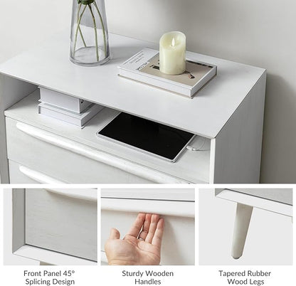 HULALA HOME End Table with Charging Station, Mid-Century Modern 2 Drawer and Open Shelf, Fluted End Table（White, Set of 2）