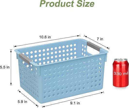 Soddeph 4 Pack Plastic Storage Basket with Handles, Small Deep Organizer Bin with Hollow Design for Under Counter, Shelf, Closet, Kitchen or Bathroom (Blue, Small)