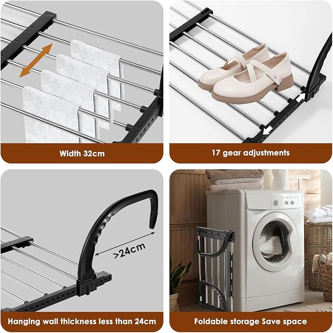 Portable Clothes Drying Rack for Balcony,Foldable Railings Windowsill, Retractable Radiator Clothes Airer,29"x13" Folding Towel Rack Indoor Outdoor Travel Laundry Rack with Clips (A-35"x13")
