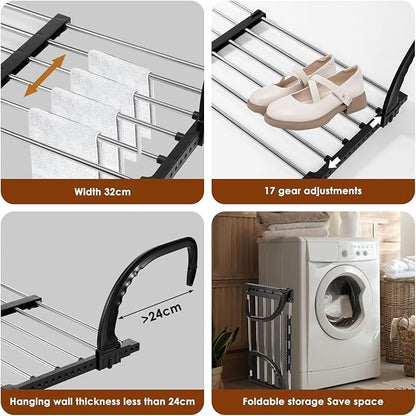 Portable Clothes Drying Rack for Balcony,Foldable Railings Windowsill, Retractable Radiator Clothes Airer,29"x13" Folding Towel Rack Indoor Outdoor Travel Laundry Rack with Clips (A-35"x13")