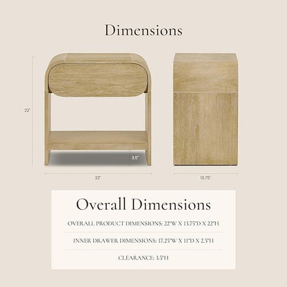 Poly & BARK Aledo 22” Nightstand – Solid and Veneered Wood Construction with Waterfall Edge Detail, One Smooth-Glide Drawer on Metal Runners – Modern Bedside Table for Stylish Bedrooms