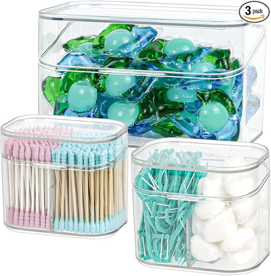 Clear Bathroom Organizer, 2-Size Essentials Set for Hail Accessories & Beauty Supplies,Cotton Swabs,Balls,Pads - Small Clear Plastic Canister Apothecary Jar Set, Vanity Makeup Storage Organizer (L+2S)