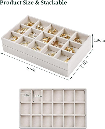 Teppdfann Stackable Jewelry Organizer Trays with Removable Dividers, 2-Tray Beige Jewelry Drawer Organizer Set for Earrings, Necklaces, Rings & Bracelets Gift for Her