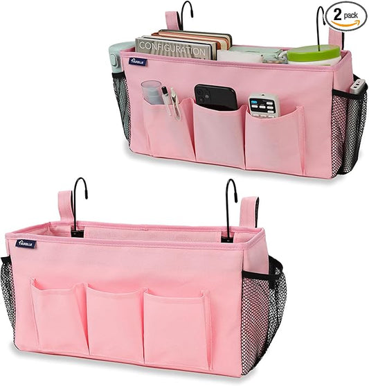 Surblue Bedside Organizer with Hook Caddy Hanging Storage Bag with Adjustable Straps and Water Bottle Holder for Home, College Dorm, Hospital Accessories, Crib Bed Rail, Pink, 2PCS