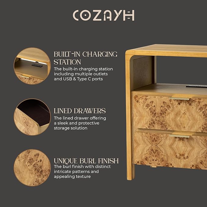 Farmhouse Nightstand with Charging Station, Side Table with Power Outlet and USB & Type C Ports, Wood Bedside Table for Bedroom, Fully Assembled, Rustic, Natural, Burl