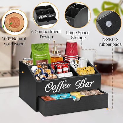 Coffee Bar Organizer Countertop, Wooden Bar Accessories With Drawer, Coffee Station Organizer Pods Holder Storage Basket, Farmhouse Tea Condiment Station