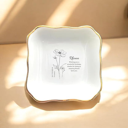 HatafaFurni Birthday Ring Dish Holder Gift for Her, Personalised Birth Flower Jewelry Dish Gift for Friend with custom Name, Message - Christmas Birthday Jewelry Tray, Ceramic Ring Dish for Mom Sister