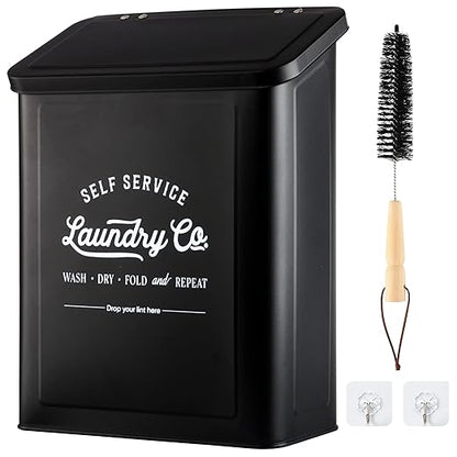 Magnetic Lint Bin for Laundry Room, Wall Mounted Lint Trash Can with Lid for Dryer, Laundry Room Organization and Storage with Brush(Black)