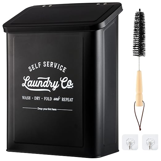Magnetic Lint Bin for Laundry Room, Wall Mounted Lint Trash Can with Lid for Dryer, Laundry Room Organization and Storage with Brush(Black)