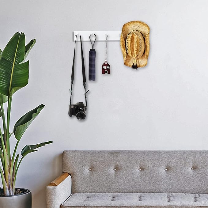 Wood Coat Rack Wall Mounted, 16'' Hole to Hole Wooden Peg Rail for Wall Hangers, 5 Pegs Bamboo Wall Hook for Hanging Towels Hats Robes Clothes Keys, White
