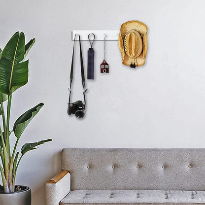 Wood Coat Rack Wall Mounted, 16'' Hole to Hole Wooden Peg Rail for Wall Hangers, 5 Pegs Bamboo Wall Hook for Hanging Towels Hats Robes Clothes Keys, White