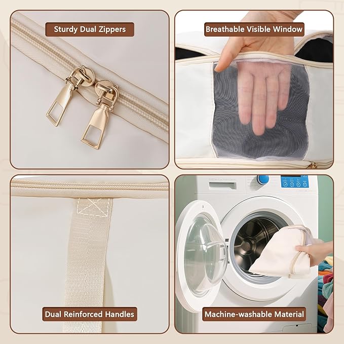 Compression Storage Bags for Clothes, Foldable Reusable Organizers for Down Coats, Comforters, Bedding, Blankets, Self Compression Packing Cubes Space Saver Bags with Dual Zippers, 2 Pack, 40 L, Beige