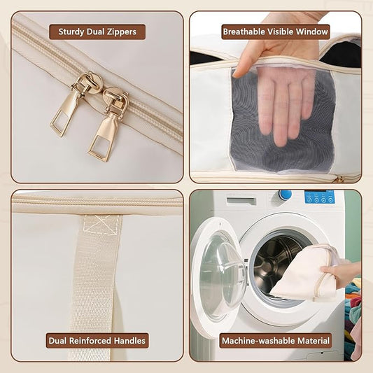 Compression Storage Bags for Down Comforters, Foldable Reusable Organizer for Down Coats, Clothes, Bedding, Blanket, Self Compression Packing Cubes Space Saver Bags with Dual Zipper, 2 Pack 136L Beige