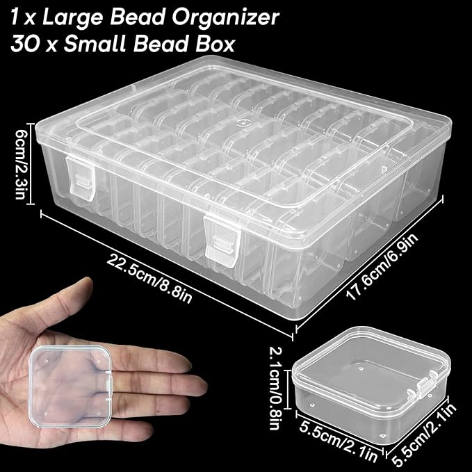 Guyuyii Bead Organizer Box - 30 Individual Small Clear Plastic Bead Organizers and Storage with Hinged Lid for Diamond Painting, Seeds & Jewelry - Portable Travel Container Set