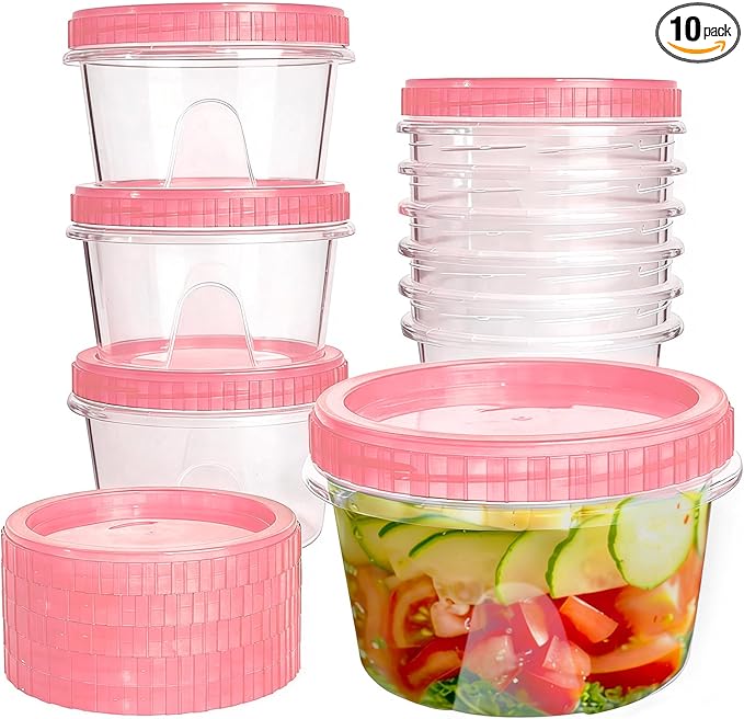 Slomg 10 Pack 16 oz Freezer Storage Containers with Pink Twist Top Lids, Small Plastic Food Storage Soup Meal Prep Containers, Leakproof Overnight Quart Containers for Lunch Leftover Fruit Salad Oat