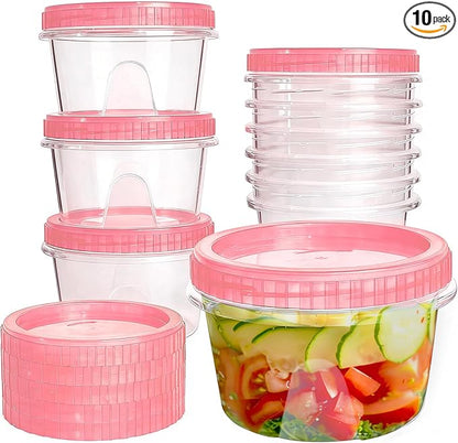 Slomg 10 Pack 16 oz Freezer Storage Containers with Pink Twist Top Lids, Small Plastic Food Storage Soup Meal Prep Containers, Leakproof Overnight Quart Containers for Lunch Leftover Fruit Salad Oat