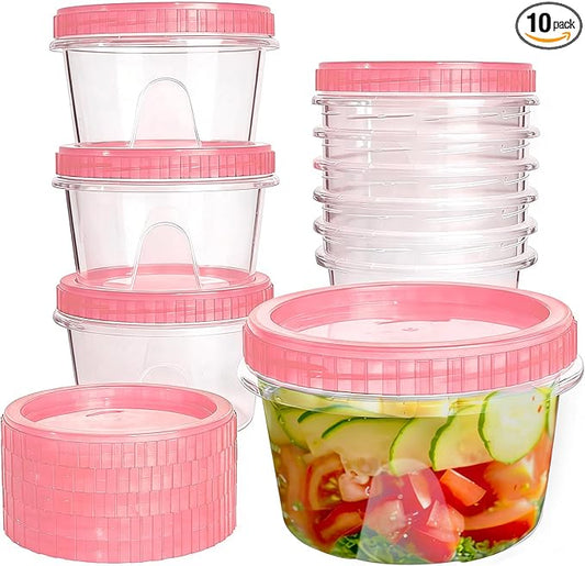 Slomg 10 Pack 16 oz Freezer Storage Containers with Pink Twist Top Lids, Small Plastic Food Storage Soup Meal Prep Containers, Leakproof Overnight Quart Containers for Lunch Leftover Fruit Salad Oat