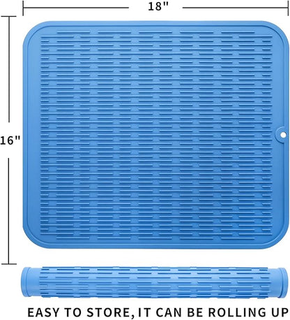 Silicone Dish Drying Mat for Multiple Usage,Easy clean,Eco-friendly,Heat-resistant Silicone Mat for Kitchen Counter or Sink,Refrigerator or Drawer Liner Lichen BlueL XL 18 inches x 16 inches