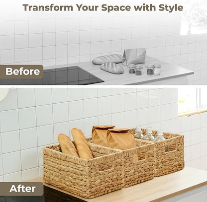 KOKODO Pack 3 Medium Wicker Storage Baskets with Handles, Stylish and Durable Water Hyacinth Rectangle Handwoven Basket Bin with Metal Frame & Handle for Room Organizing